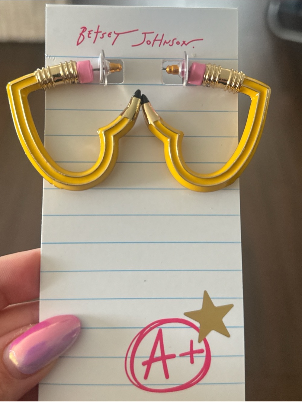 Betsey Johnson Yellow Pencil Heart Hoop Earrings with Pink Eraser Detail
